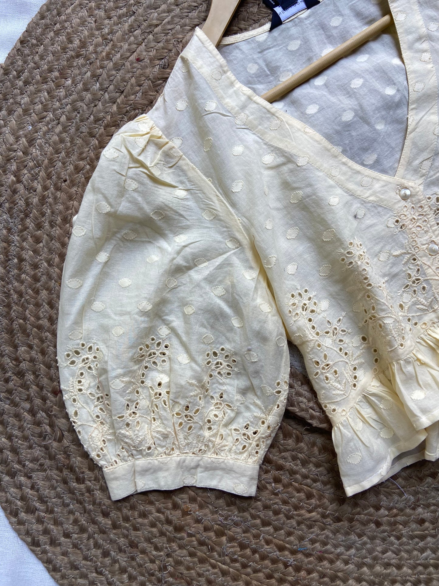 Women's Light Yellow Embroidered Cotton Crop Top – Puff Sleeve with Lace Detailing