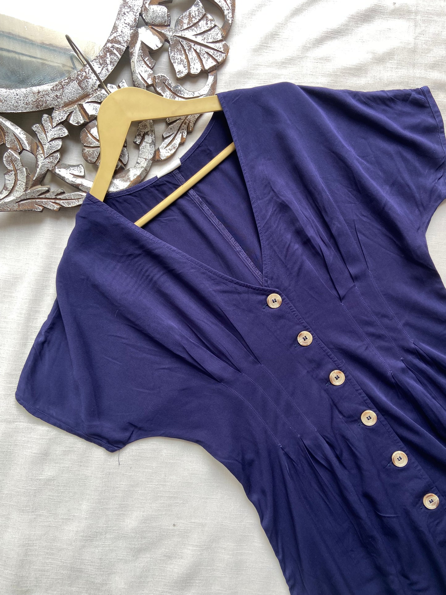 Blue V Neck Button Down Mini Dress