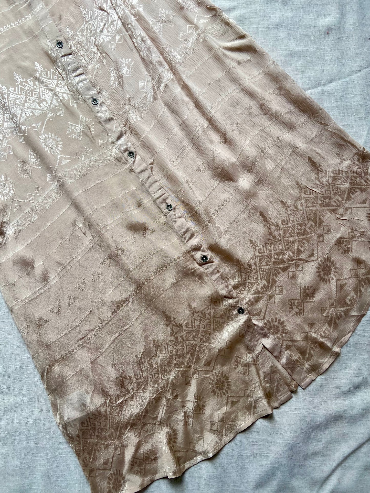 Elegant Beige Embroidered Satin Midi Dress with Flared Sleeves