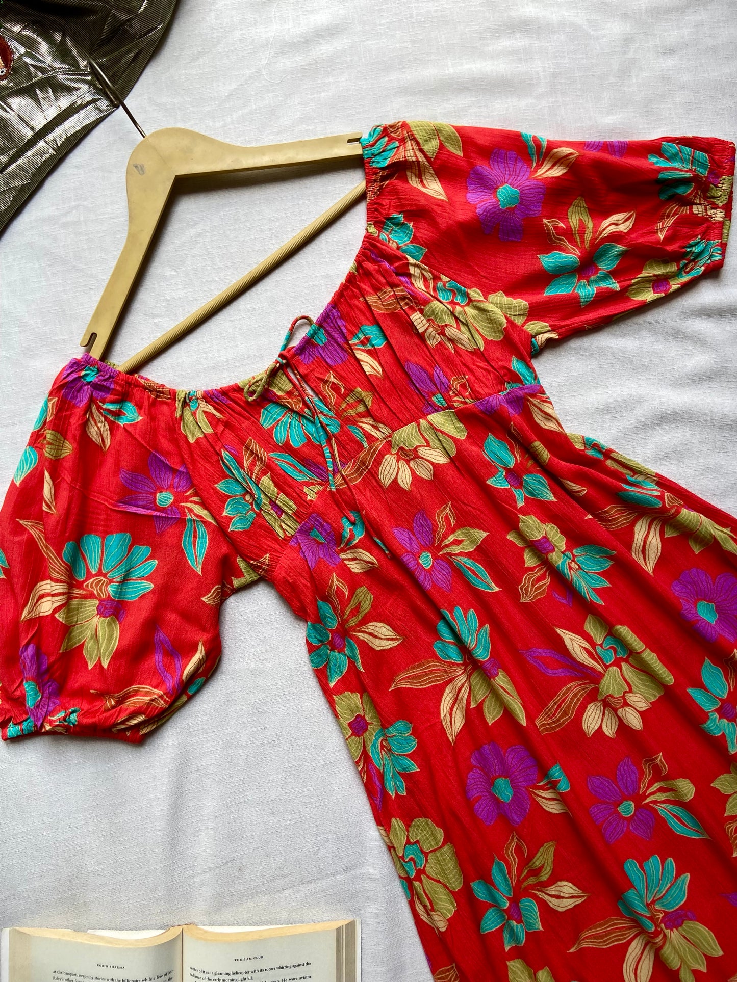 Red Off-Shoulder Floral Midi Dress