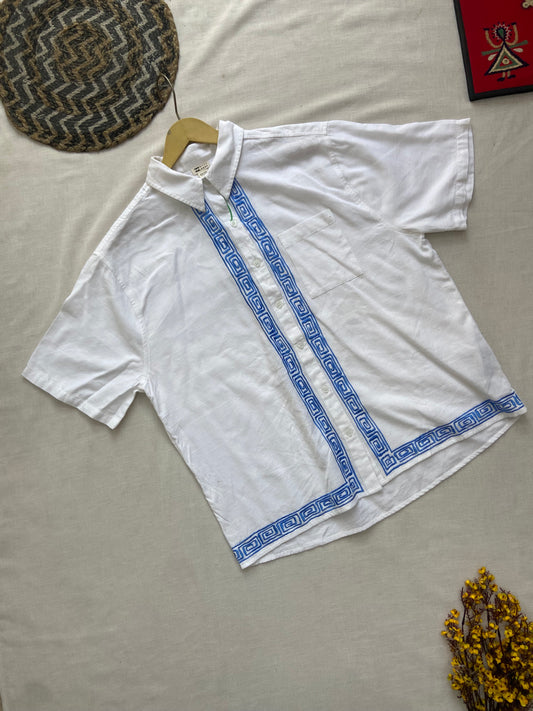 Men's White Cotton Shirt with Blue Geometric Embroidery