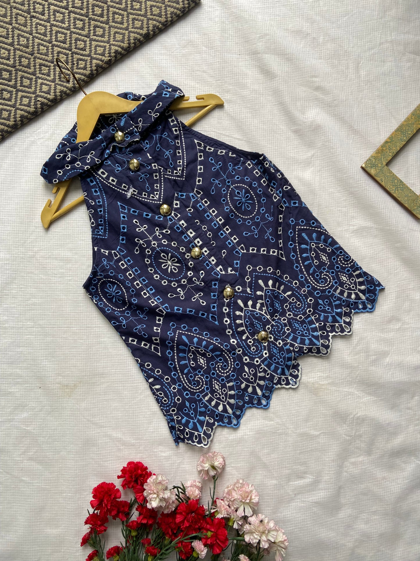 Elegant Blue Embroidered Sleeveless Top with Gold Buttons
