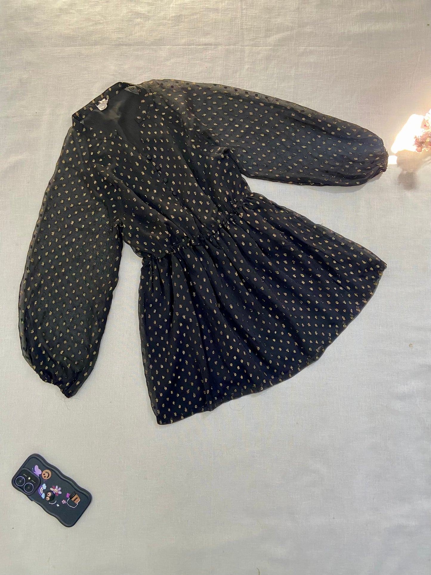 Sheer Black Mini Dress with Gold Print and Puff Sleeves