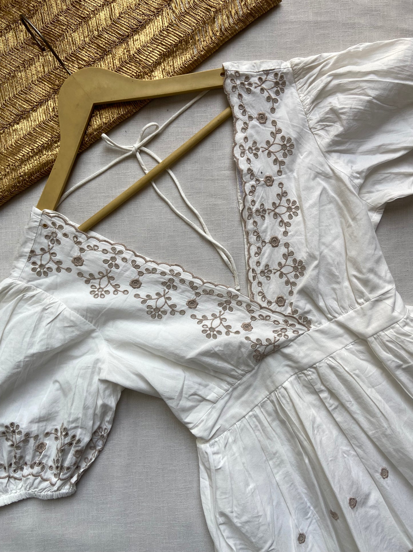 White Embroidered V-Neck Puff Sleeve Dress