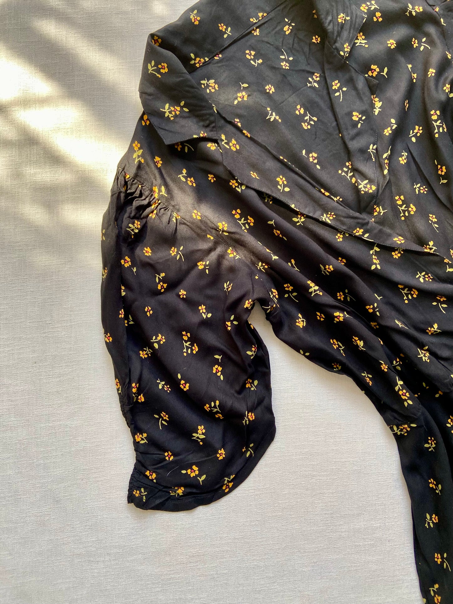 Black Floral Button-Front Midi Dress with Puff Sleeves