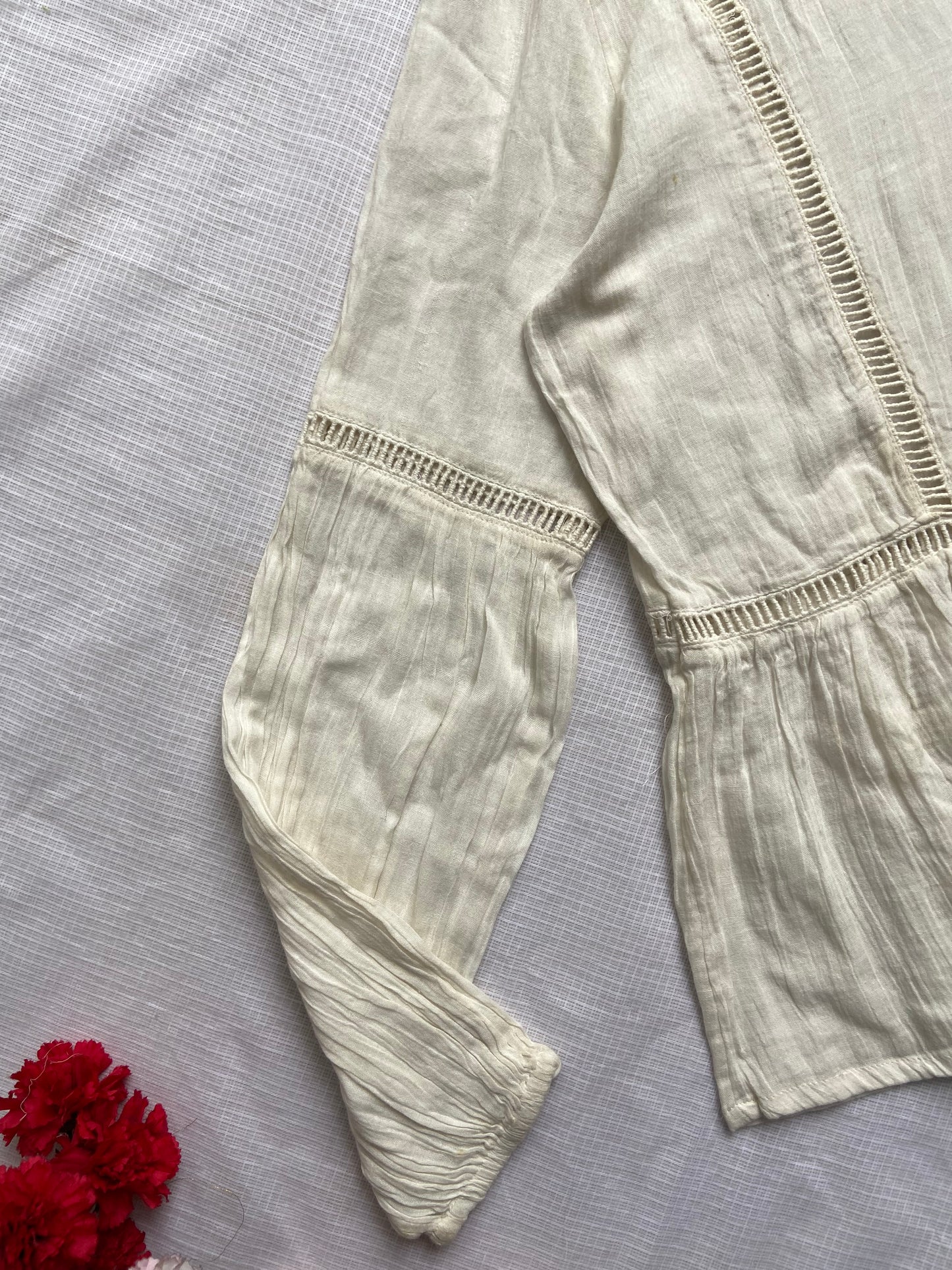 Women's Boho Chic Off-White Cotton Peplum Top with Lace Details