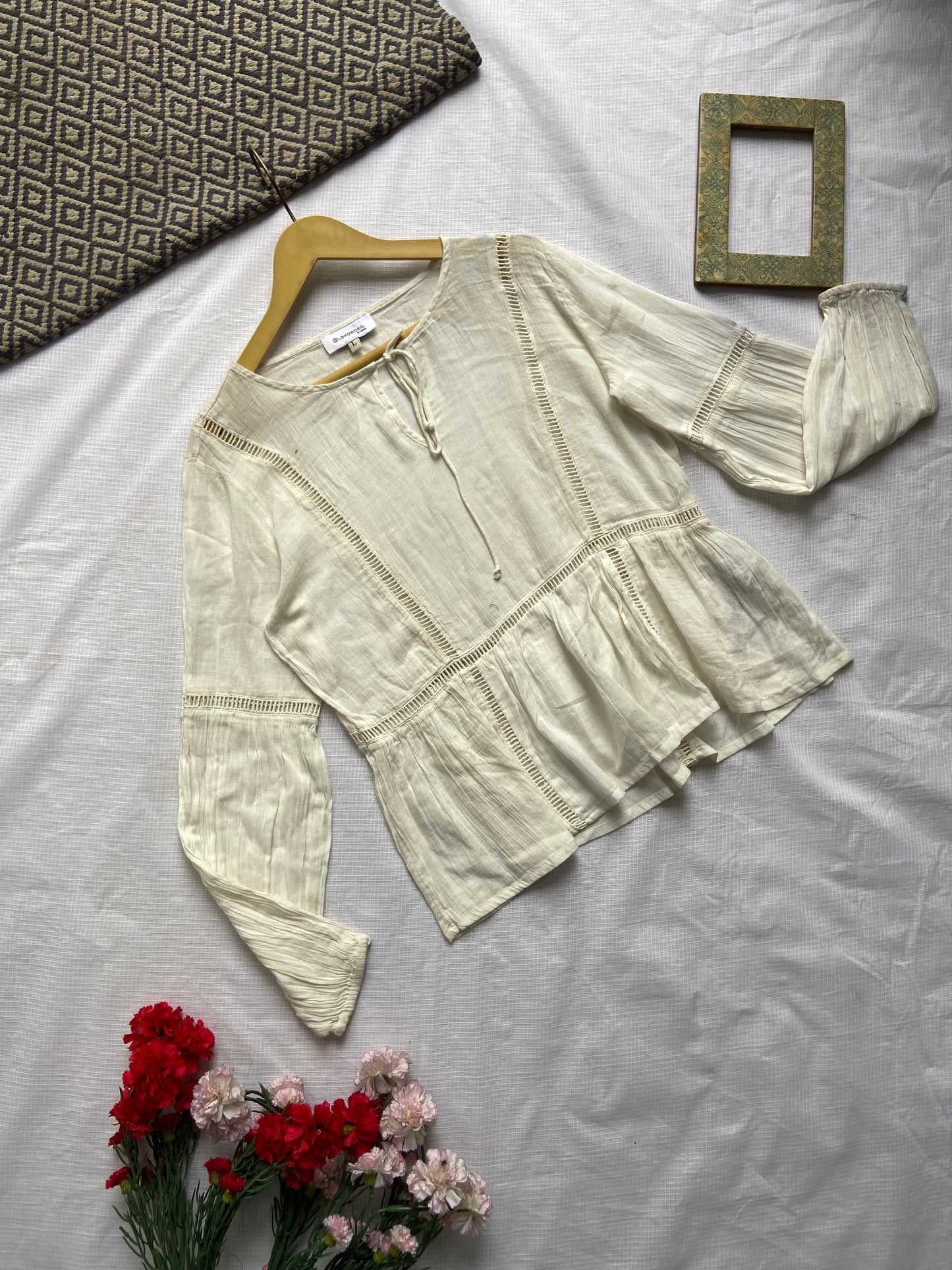 Women's Boho Chic Off-White Cotton Peplum Top with Lace Details