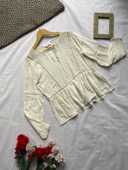 Women's Boho Chic Off-White Cotton Peplum Top with Lace Details