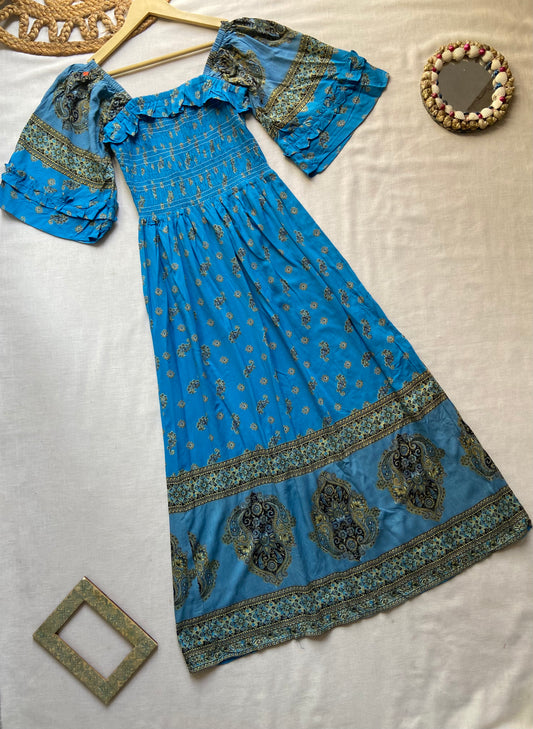 Bohemian Blue Printed Off-Shoulder Maxi Dress