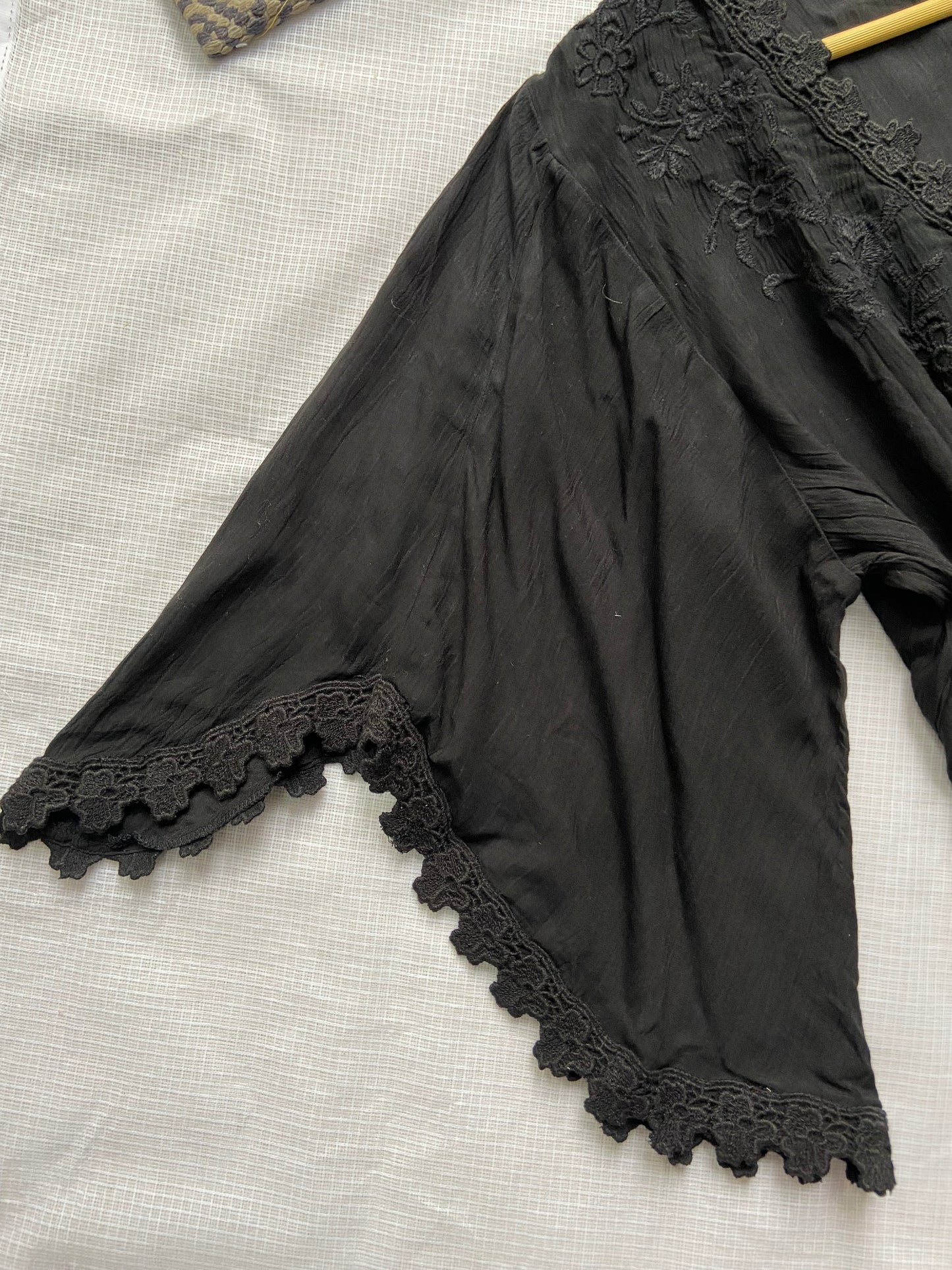 Women's Black Boho V-Neck Top with Bell Sleeves & Lace Detailing