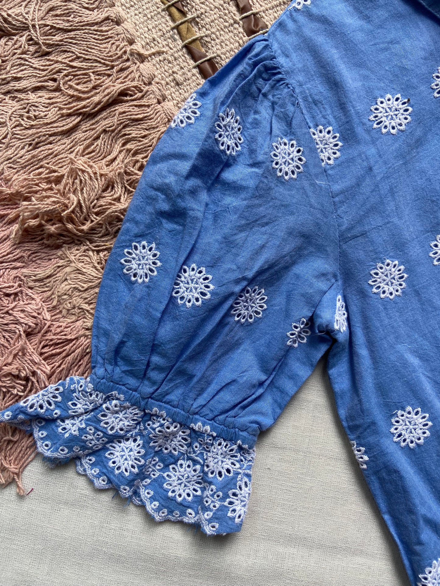 Sky Blue Embroidered Cotton Top with Puff Sleeves