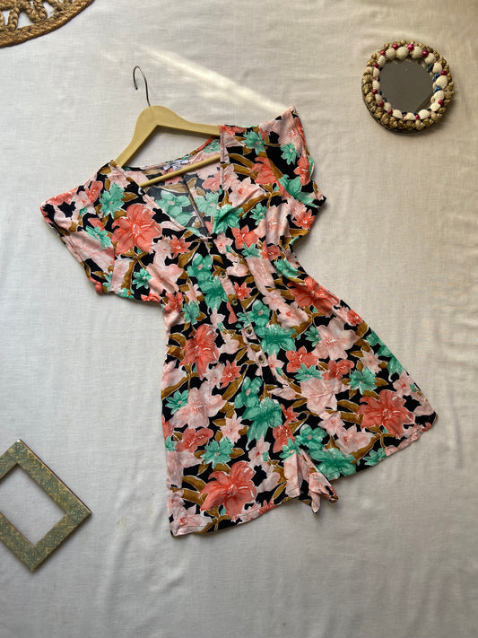 Tropical Floral Print Button-Front Short Romper