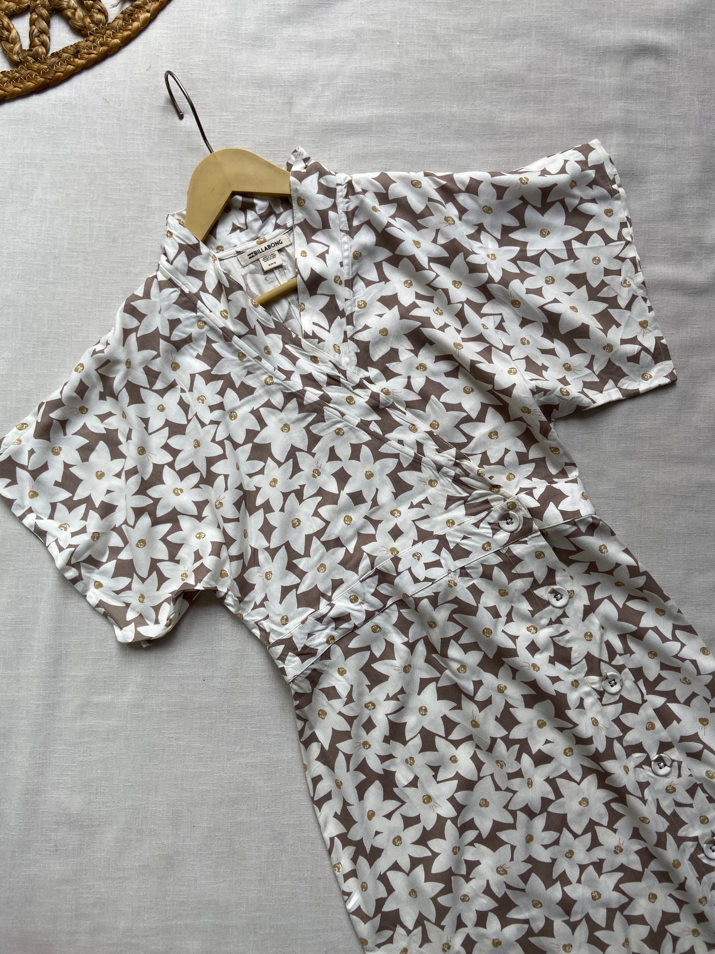 White And Beige Floral Wrap Style Mini Dress