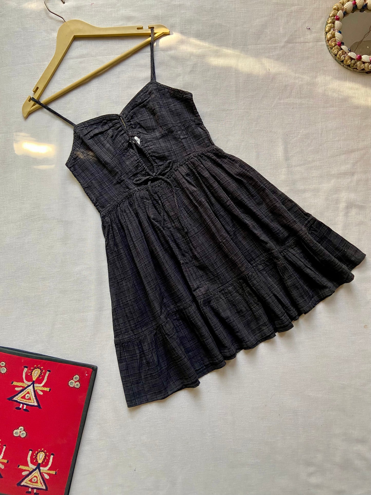 Black Checked Spaghetti Strap Tiered Dress