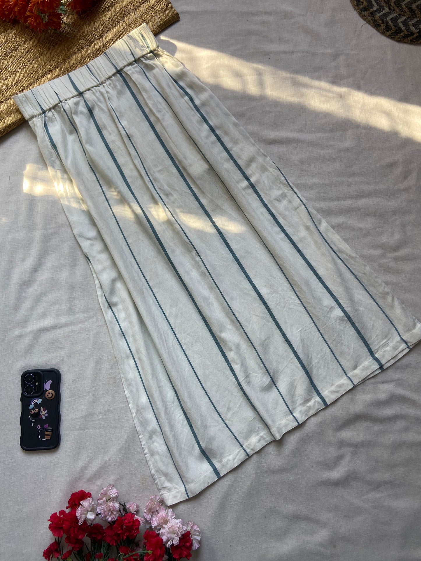 Women's White Striped A-Line Midi Skirt with Bow Belt