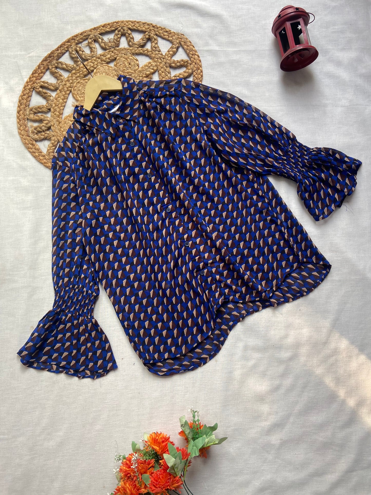 Women’s Navy Blue Geometric Print Flared Sleeve Top