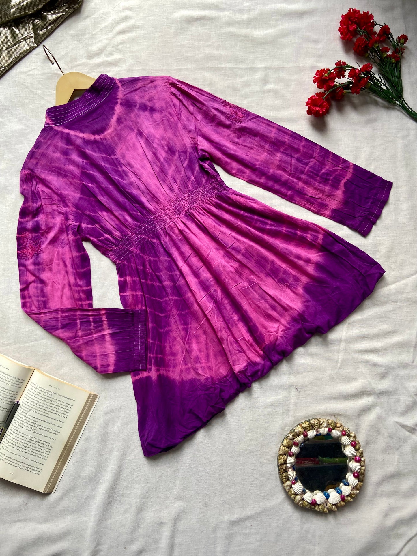 Purple Tie-Dye Long Sleeve Tunic with Embroidery