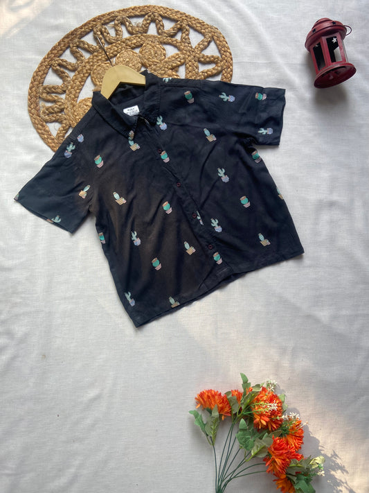 Unisex Black Cactus Print Short Sleeve Shirt