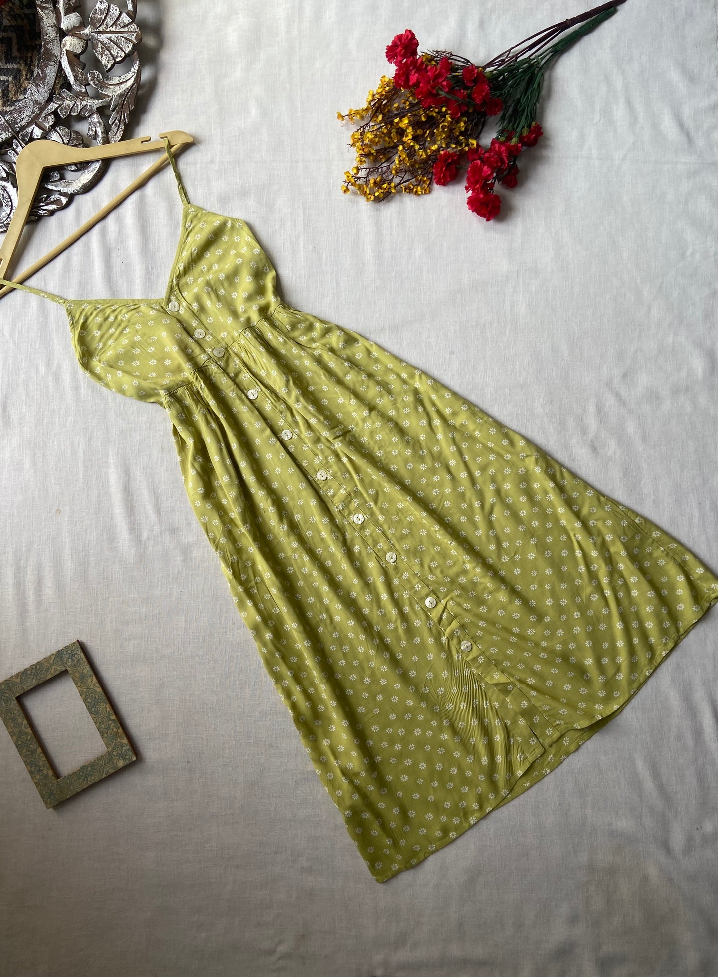 Green Printed Button Down Midi Dress