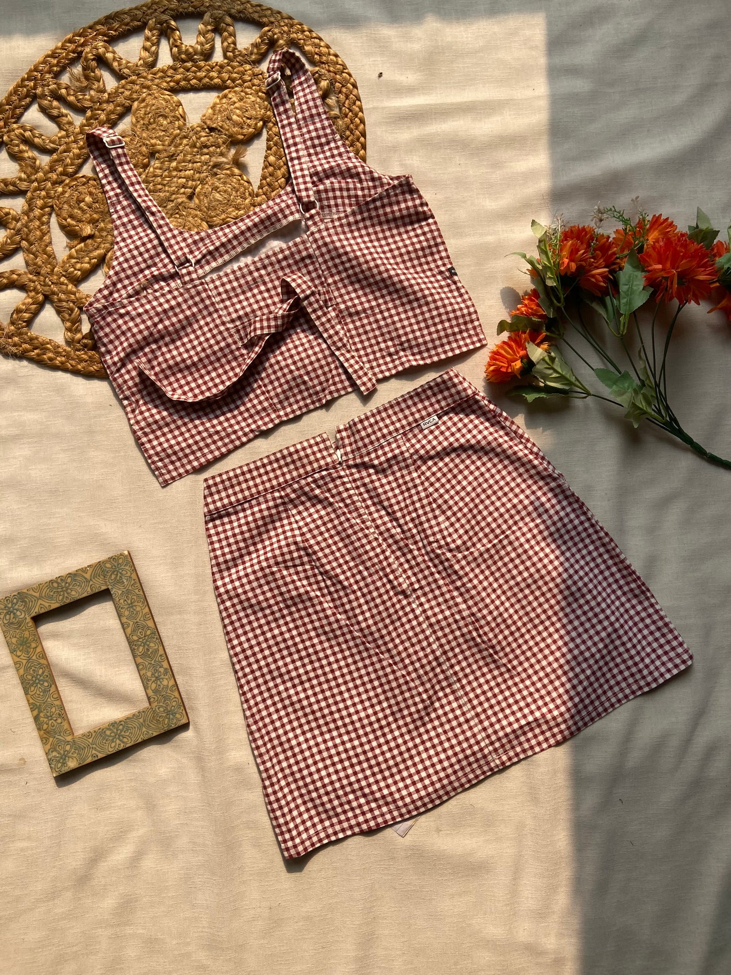 Women’s Red Checkered Crop Top & Skirt Co-ord Set