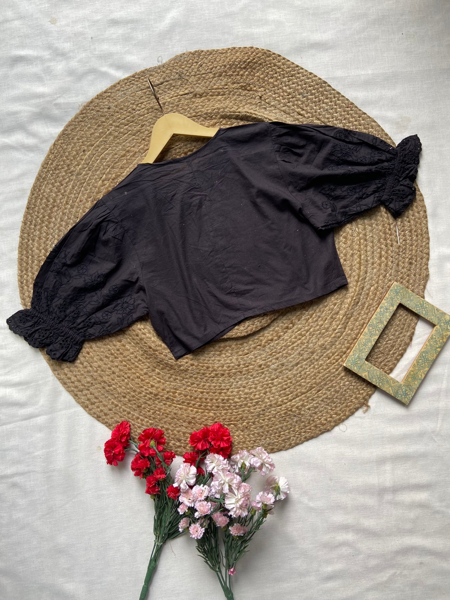 Black Puff Sleeve Cotton Crop Top with Embroidery