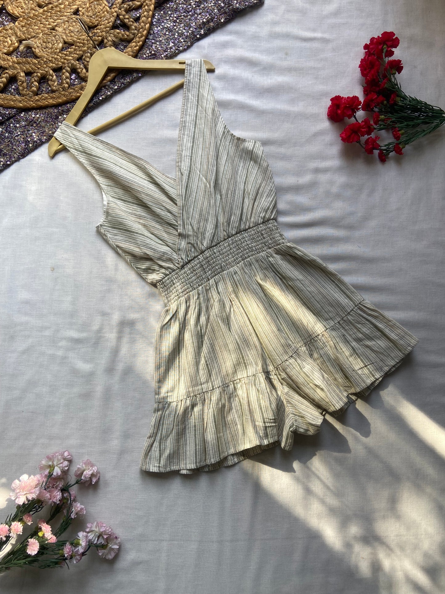 Striped Sleeveless Mini Dress – Beige & Grey