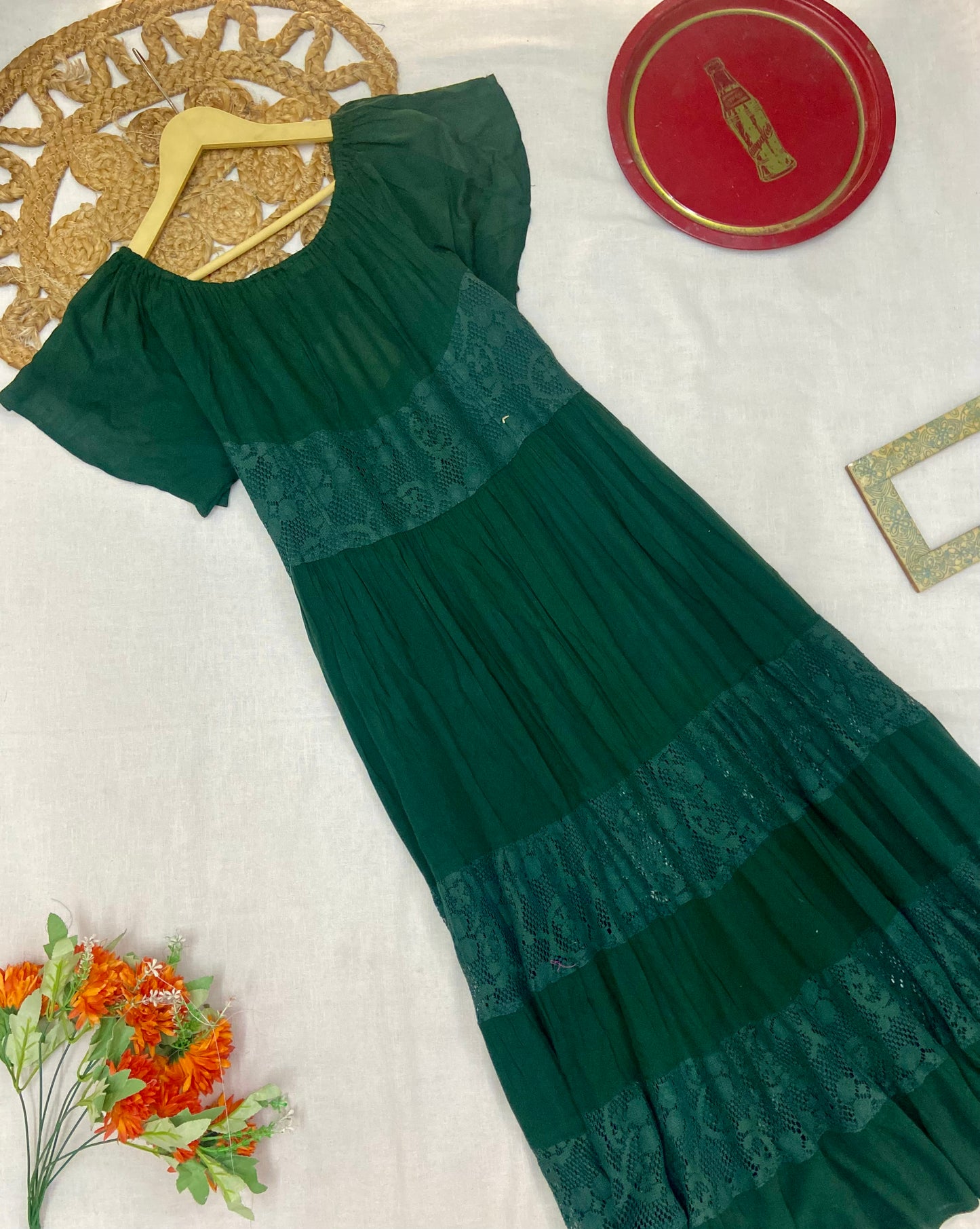 Women’s Dark Green Midi Dress with Lace Detailing