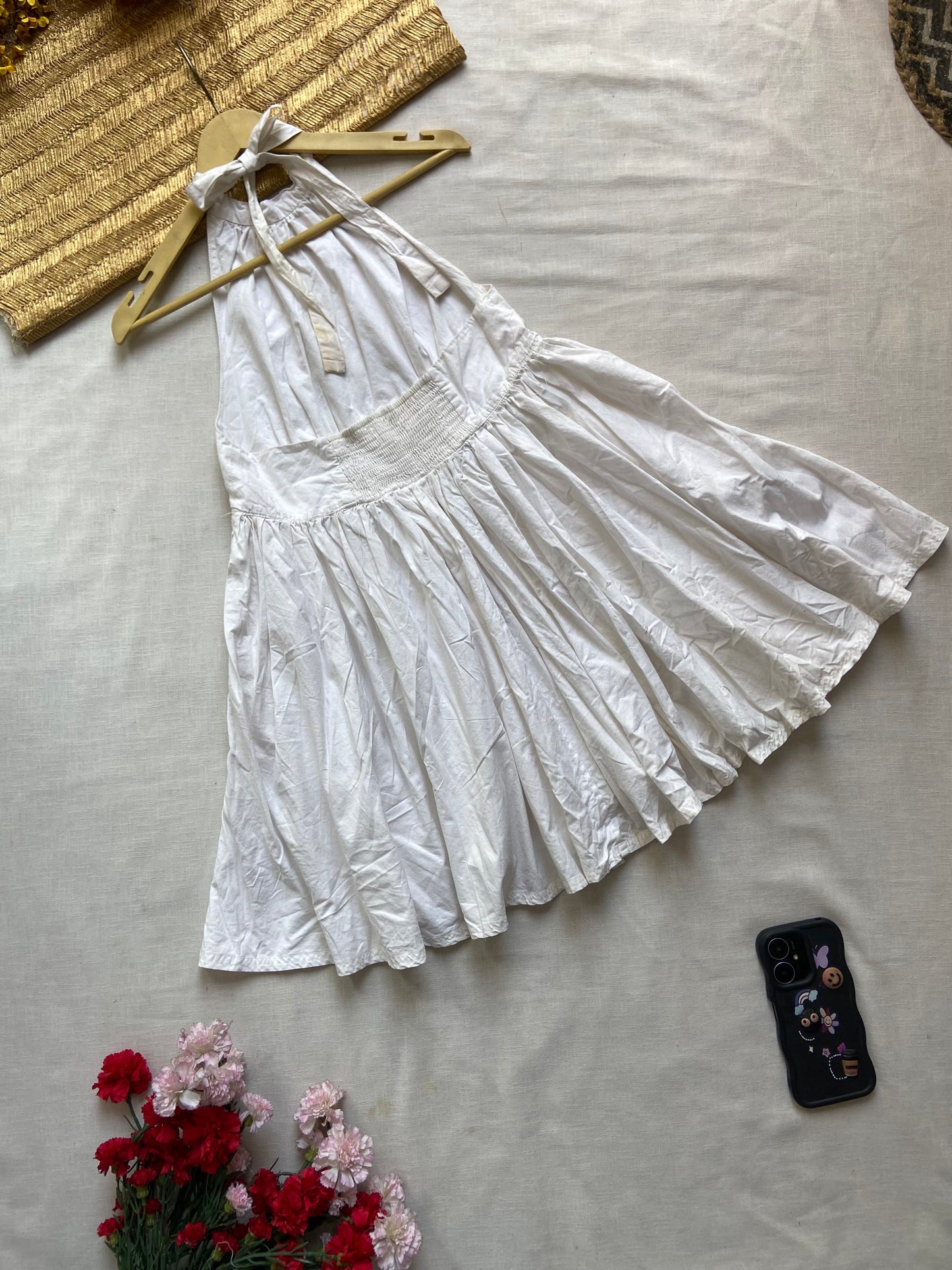 Women's White Sleeveless Halter-Neck Flared Dress