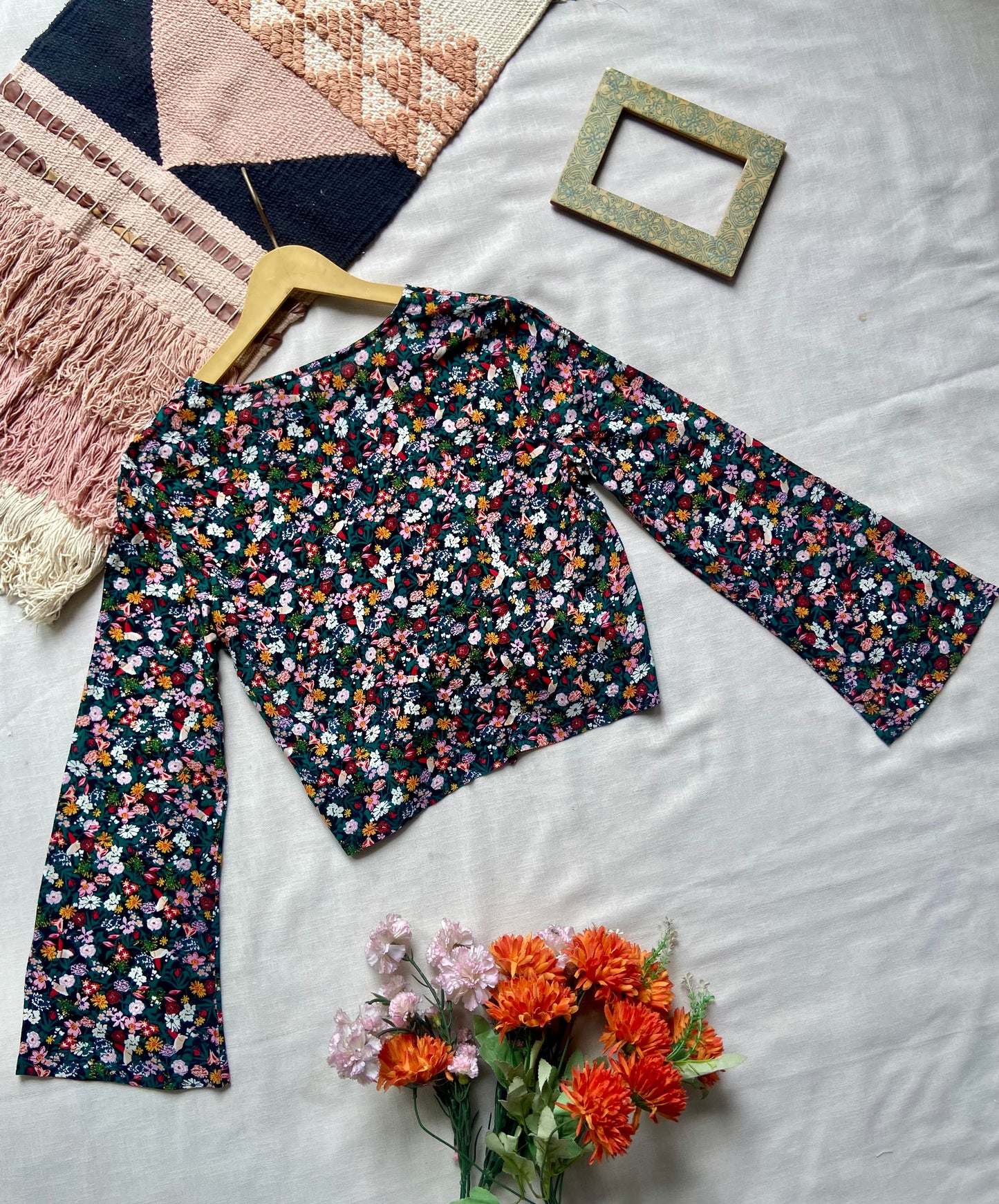 Floral Ruched Front Bell Sleeve Top