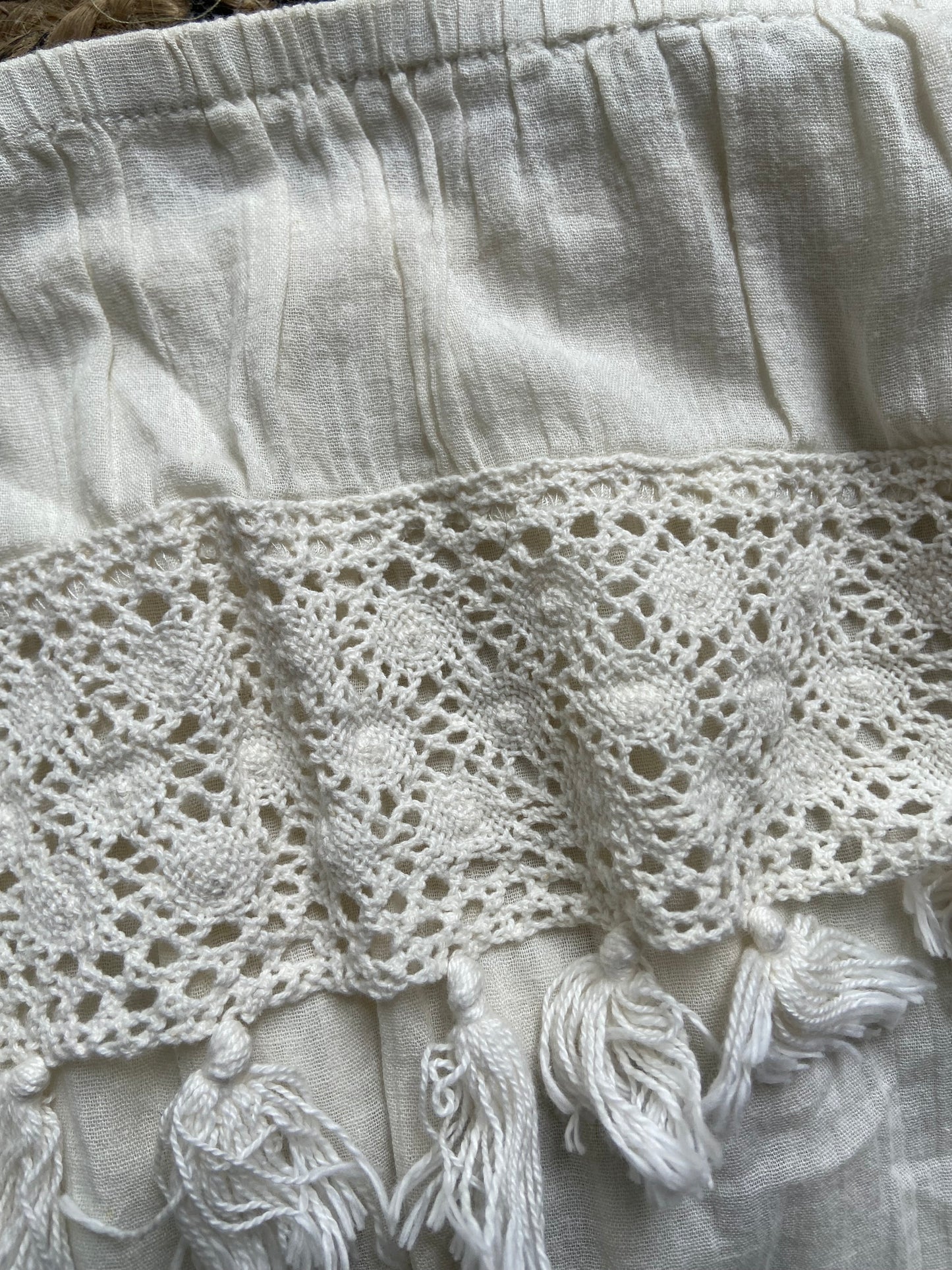 Women's Off-Shoulder White Boho Crop Top with Lace & Tassel Detailing