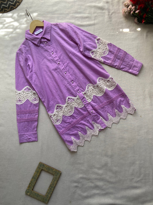 Elegant Lavender Shirt with Intricate White Lace Detailing