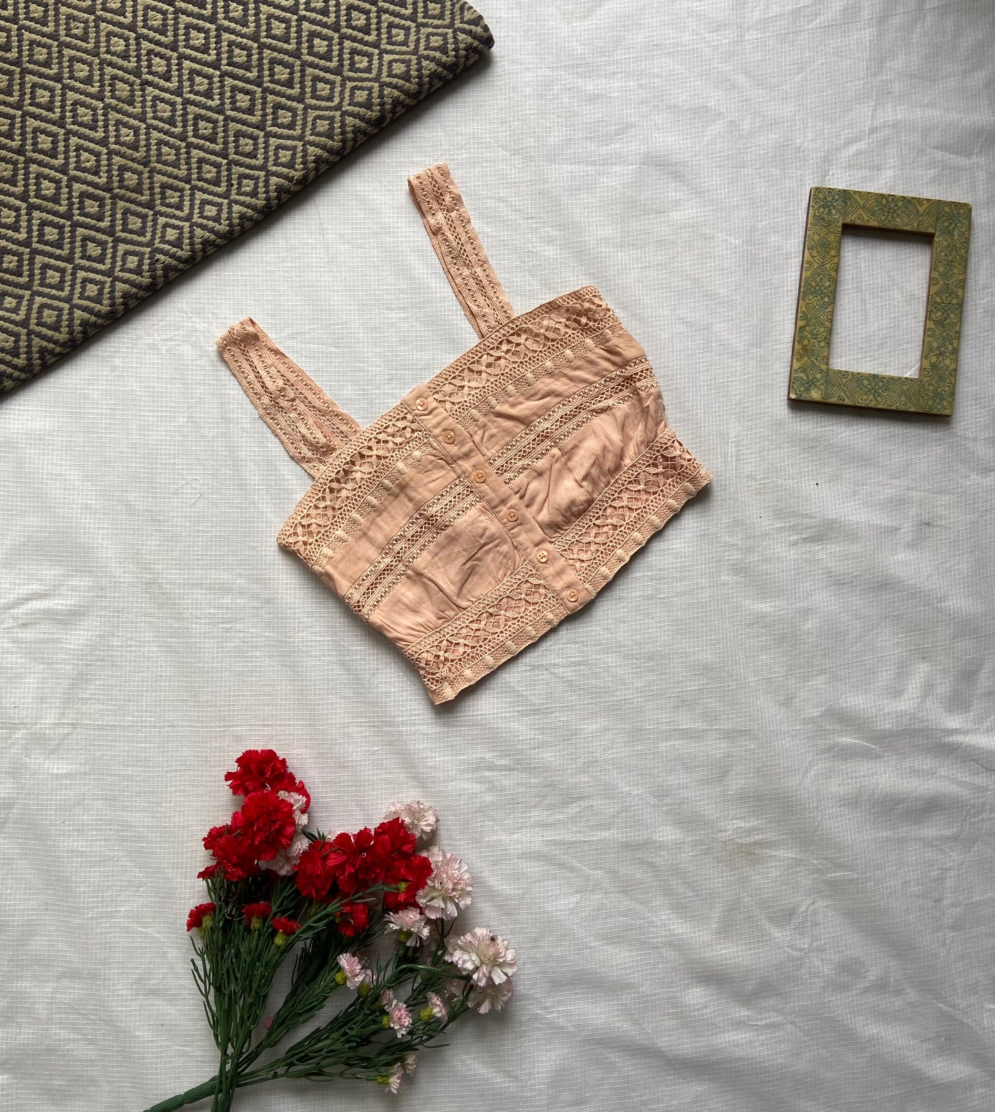 Peach Lace Crop Top with Button Front Detailing