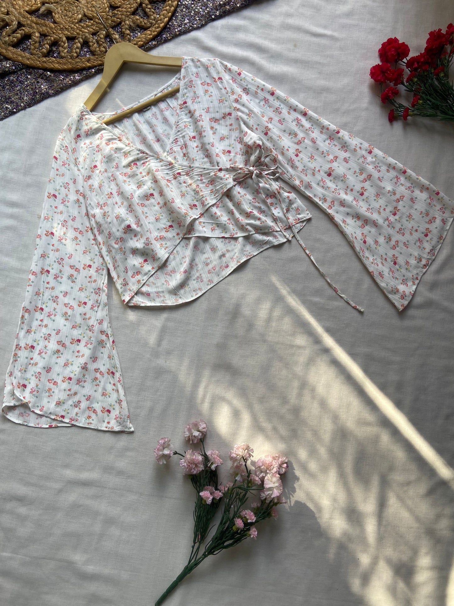 Floral Wrap Top with Flared Sleeves – White & Pink