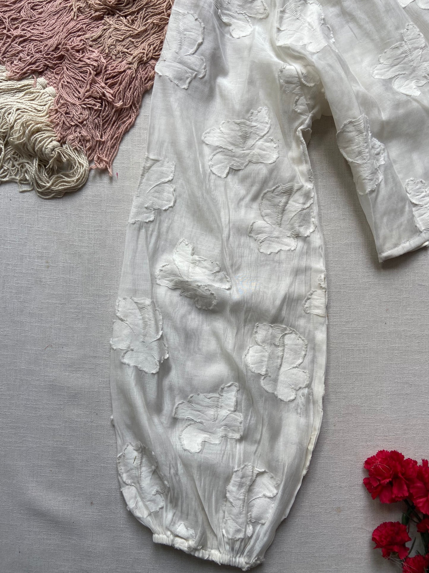 White Textured Floral Sheer Balloon Sleeve Top