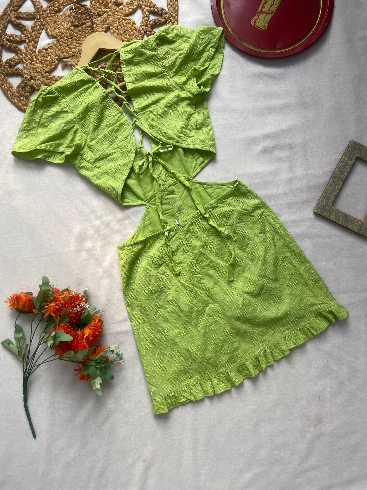 Women’s Lime Green Cut-Out Front Buttoned Dress with Ruffle Hem