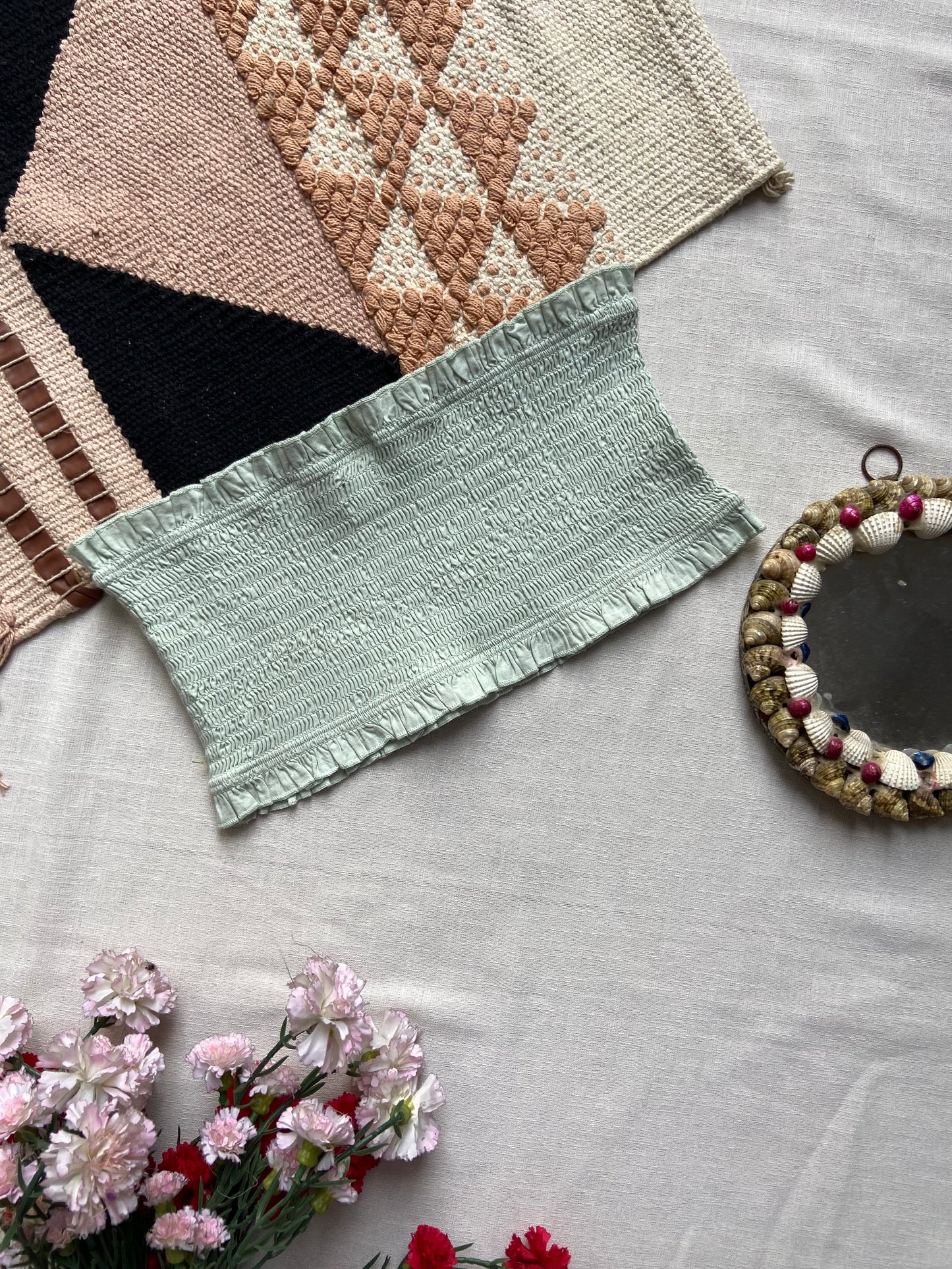 Women's Mint Green Smocked Tube Top with Ruffled Edges – Casual Summer Strapless Top