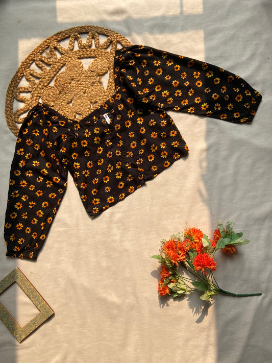 Women’s Black Floral Puff Sleeve Crop Top