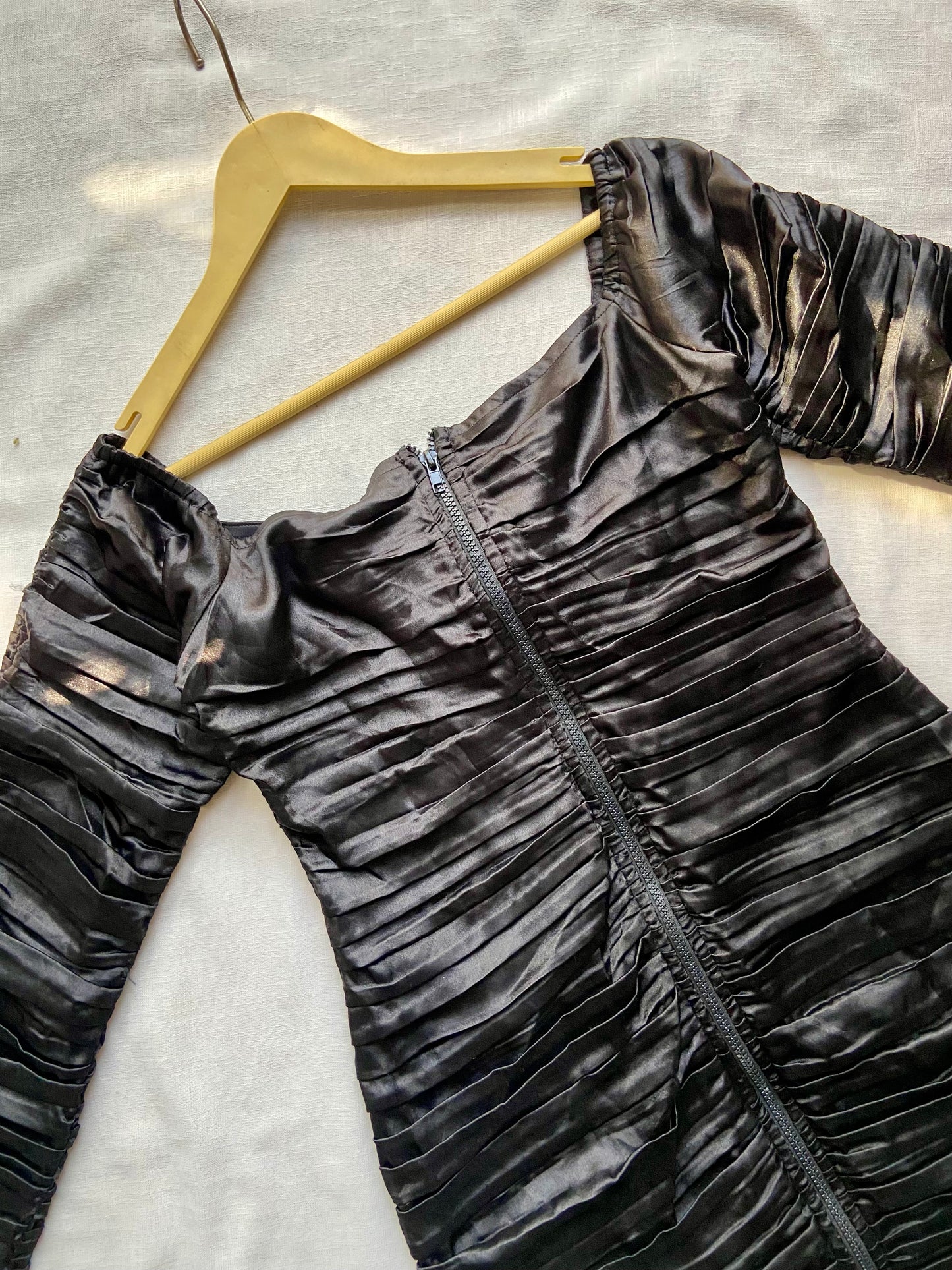 Black Ruched Bodycon Dress with Front Zip