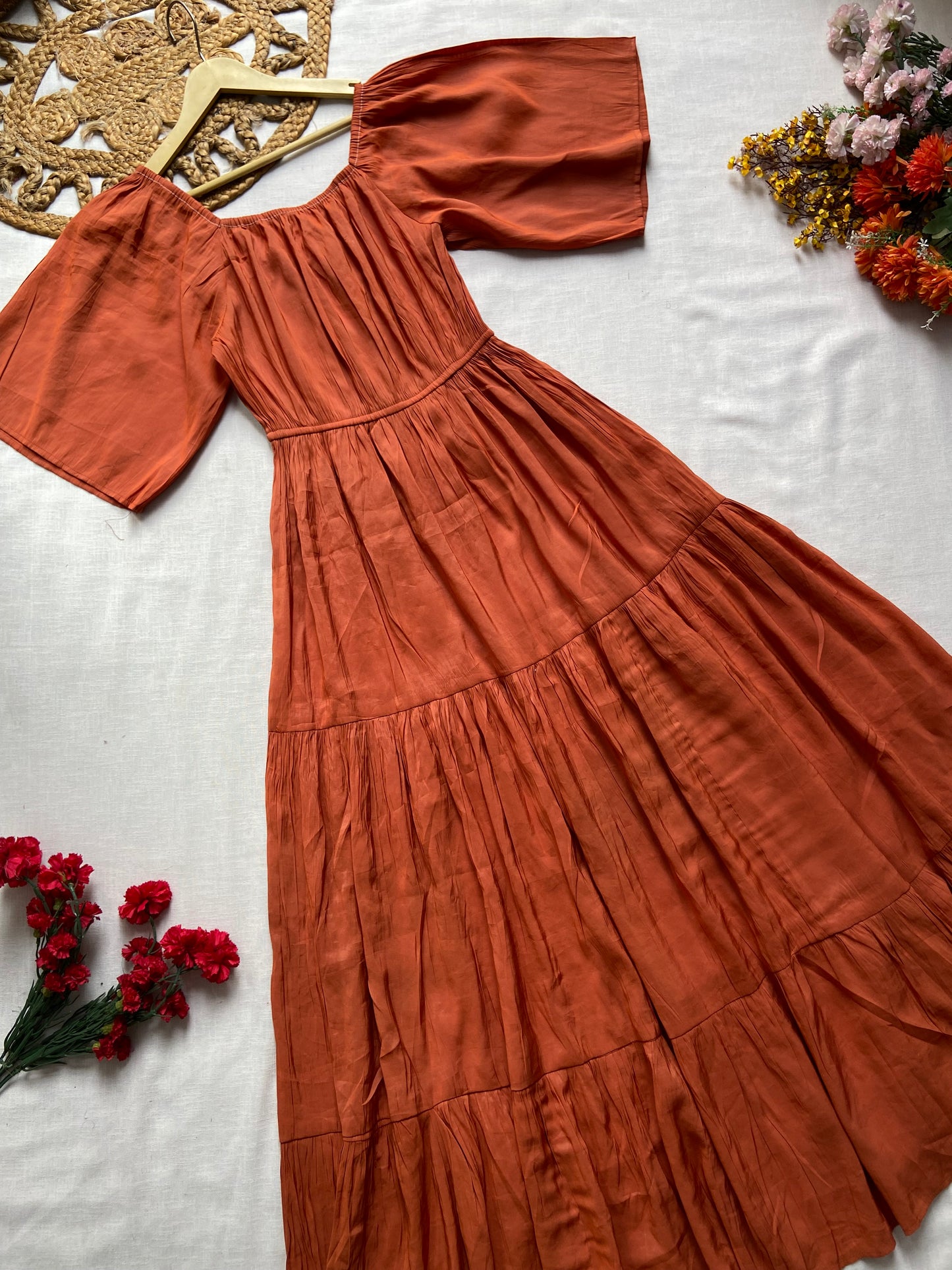 Rust Tiered U Neck Maxi Dress