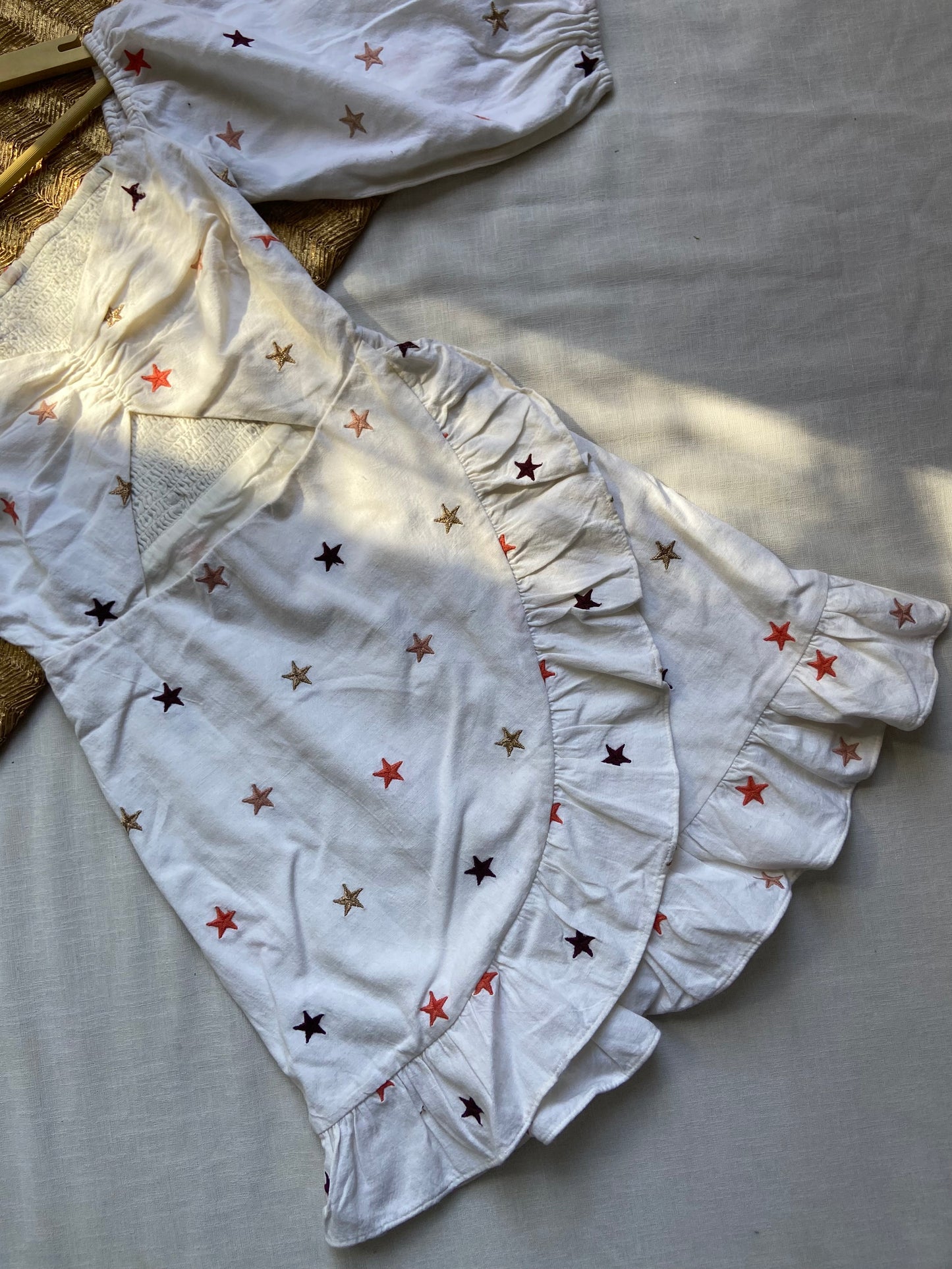 White Puff Sleeve Dress with Star Embroidery