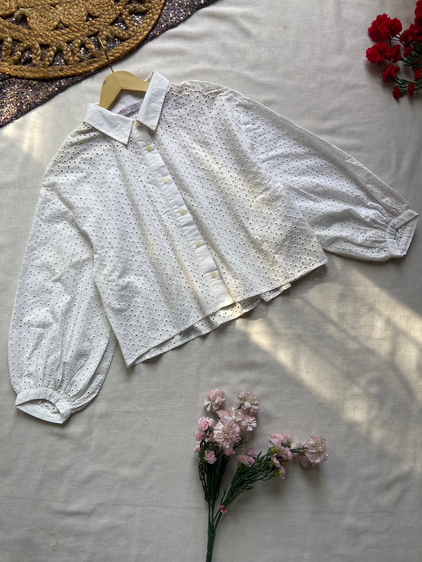 Elegant White Eyelet Lace Button-Up Blouse