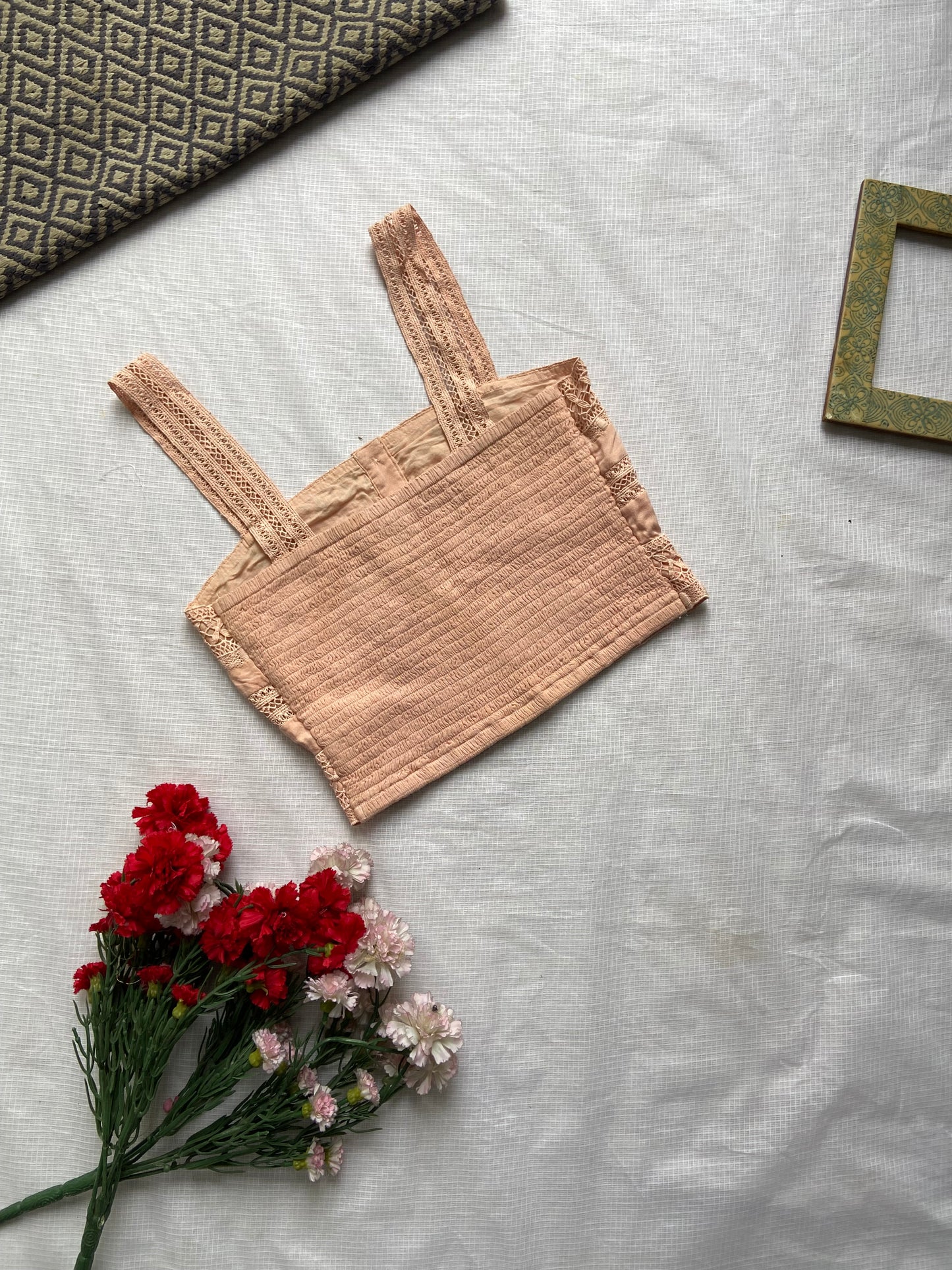 Peach Lace Crop Top with Button Front Detailing