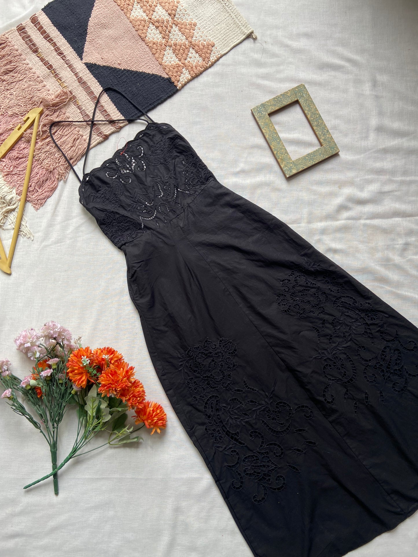 Elegant Black Embroidered Spaghetti Strap Dress