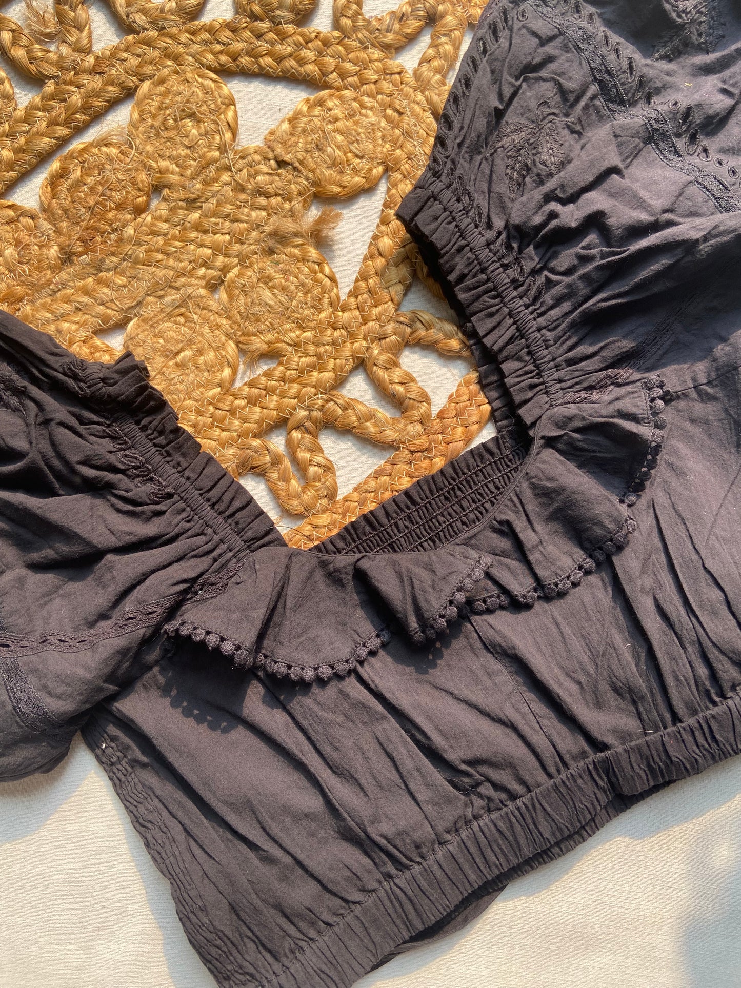 Black Cotton Puff Sleeve Embroidered Blouse for Women