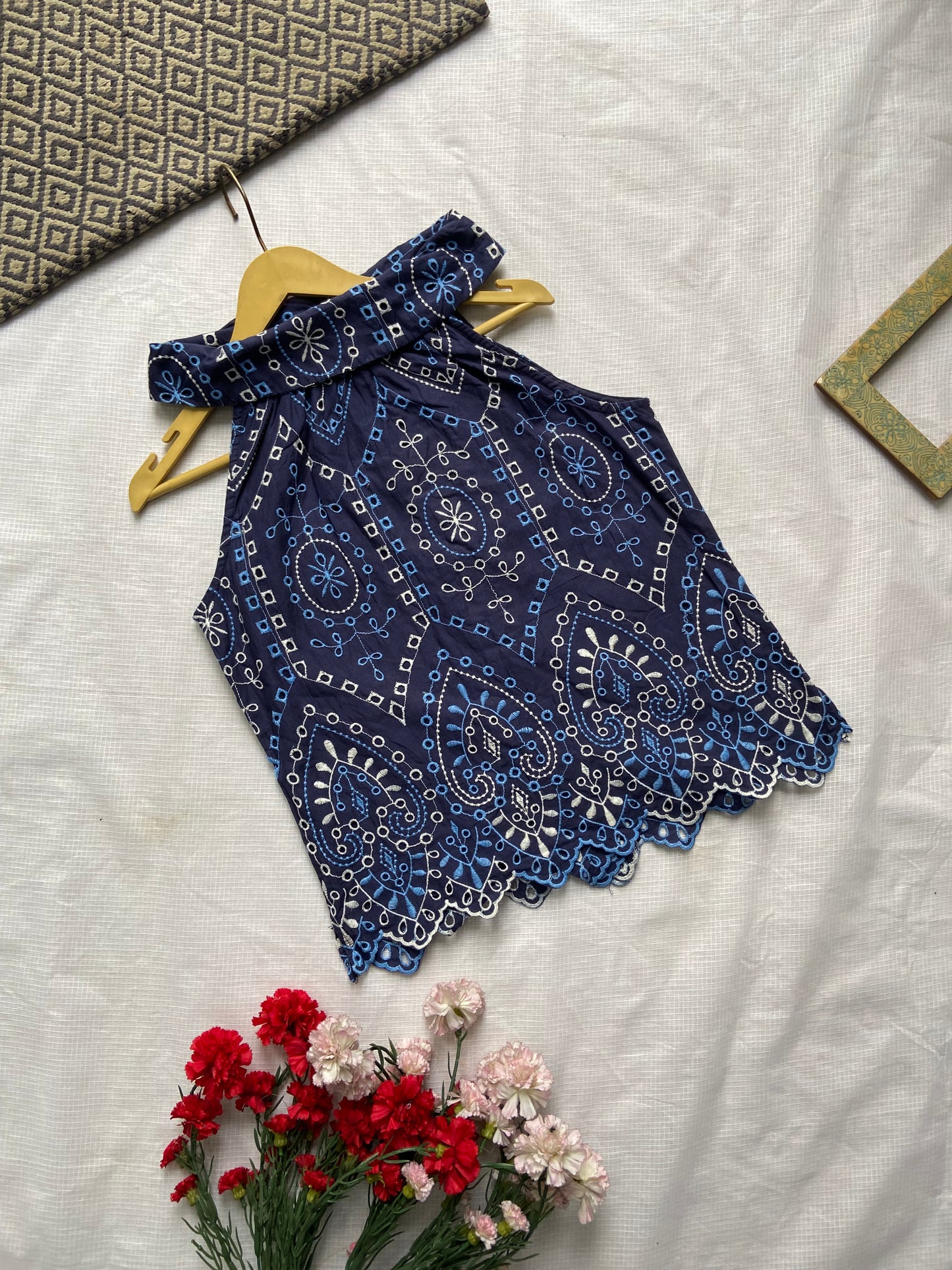 Elegant Blue Embroidered Sleeveless Top with Gold Buttons