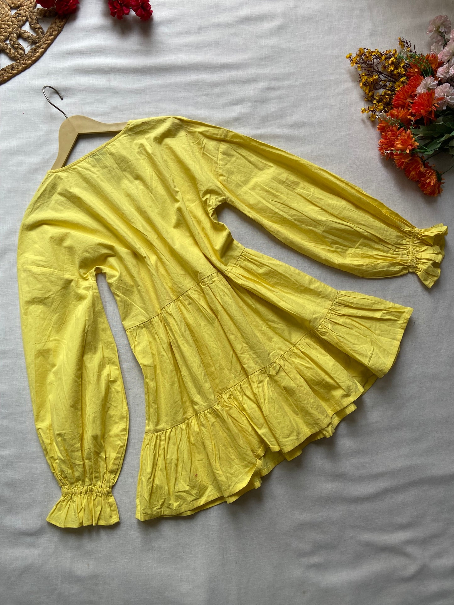 Bright Yellow Tiered Cotton Mini Dress