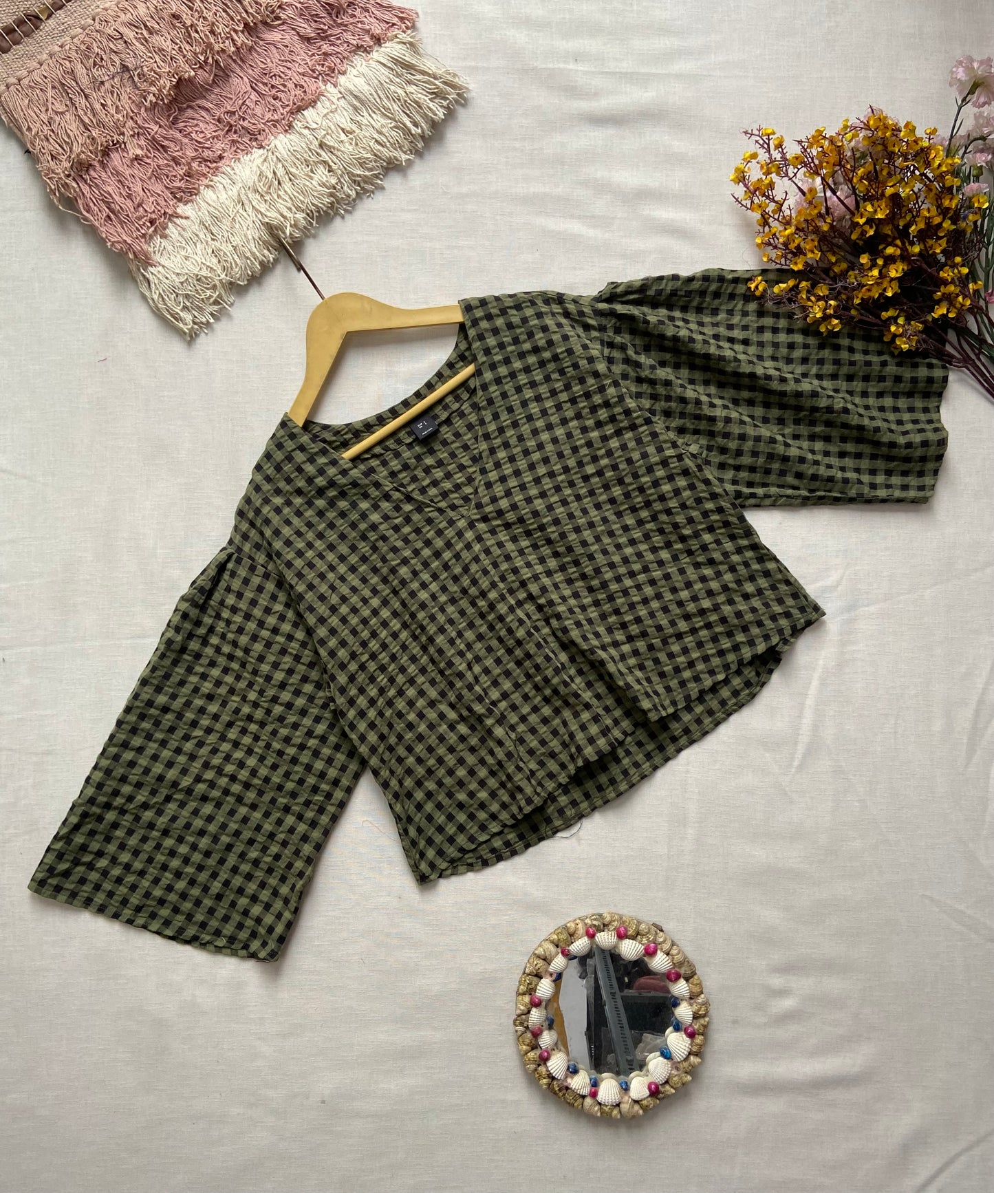 Olive Green Gingham Check Top with Flared Sleeves