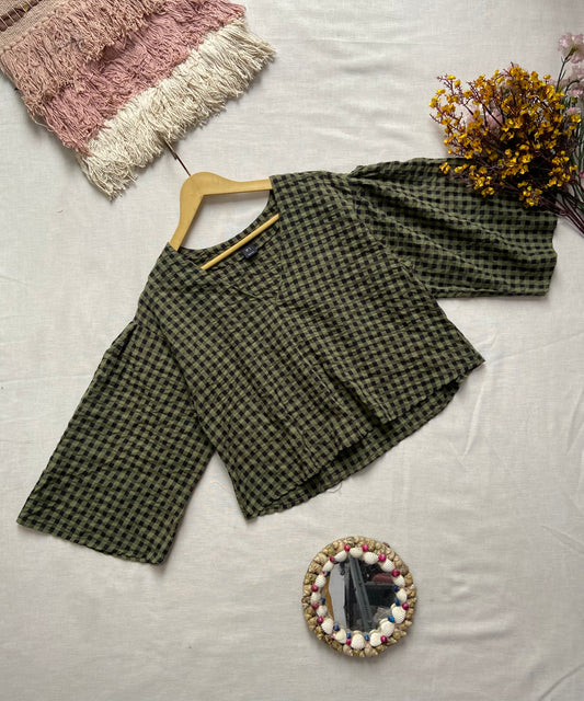 Olive Green Gingham Check Top with Flared Sleeves