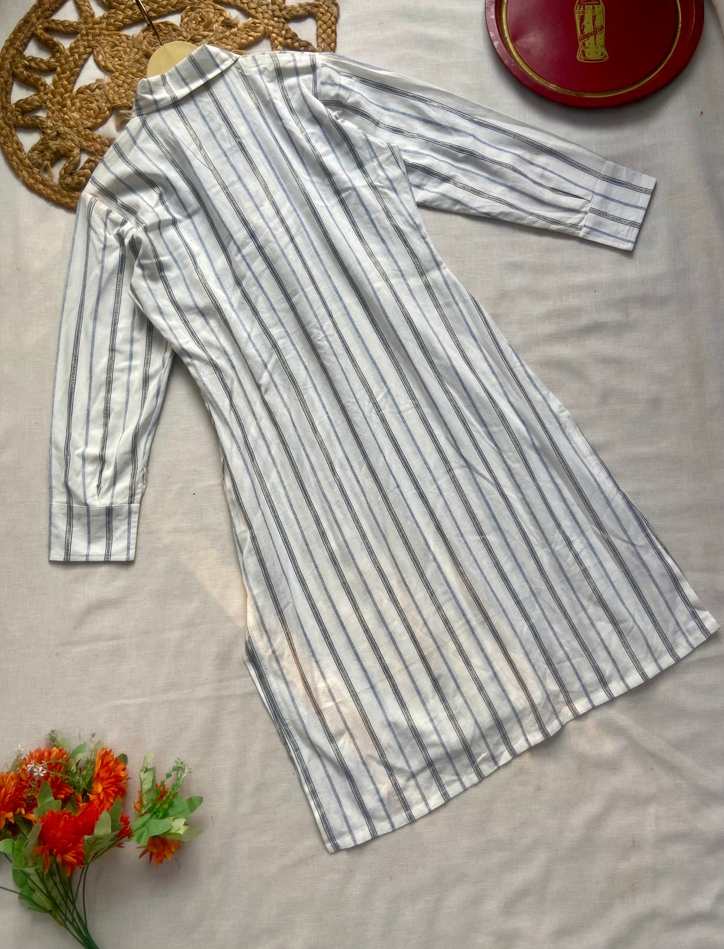 Women’s White Striped Shirt Dress with Waist Tie
