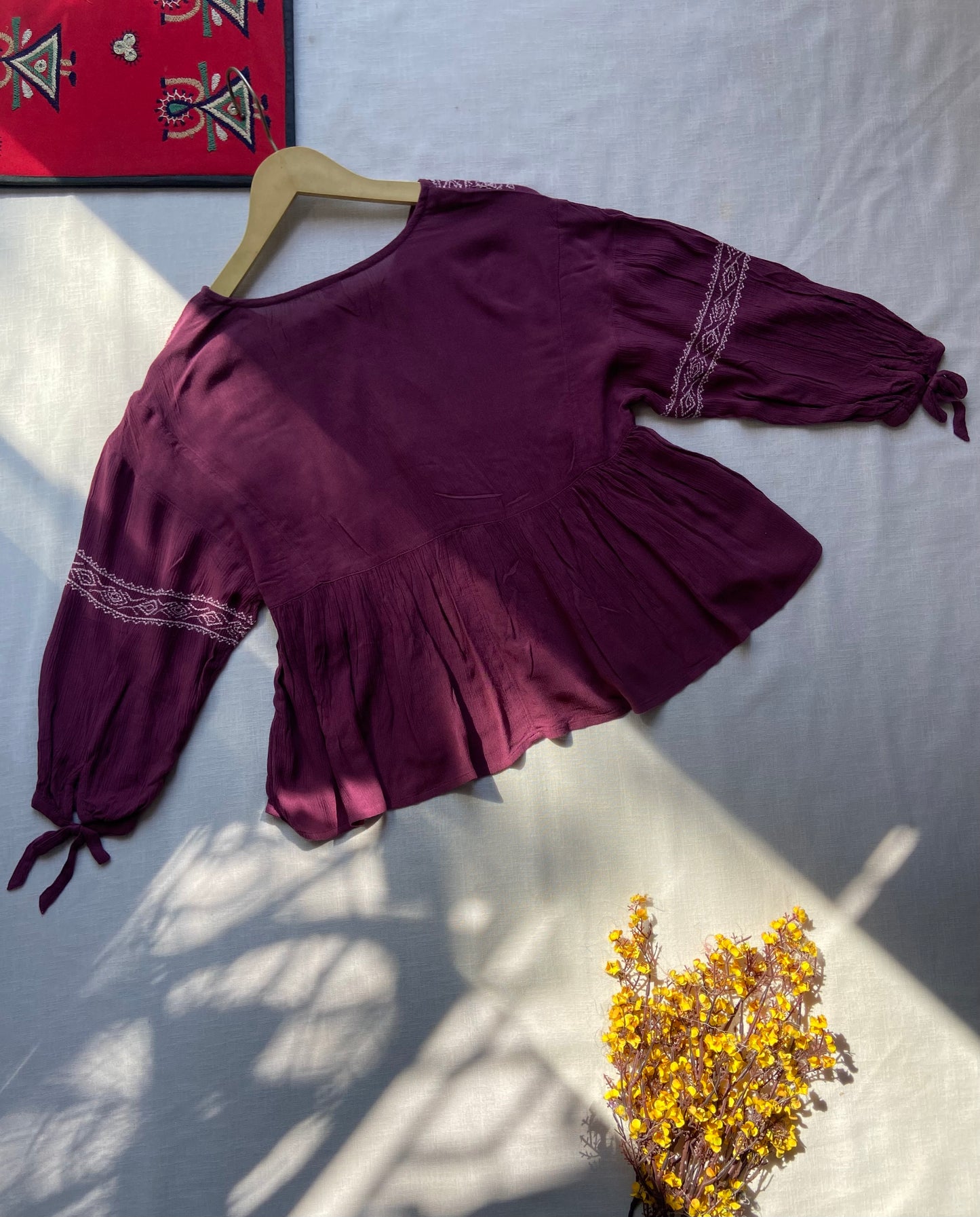 Boho Chic Maroon Embroidered Peplum Top